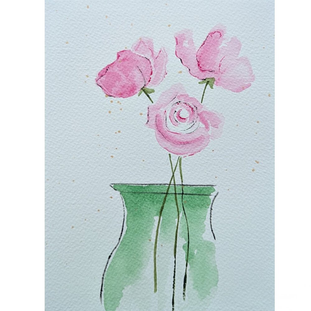 Original Painting Roses in Green Vase on Watercolor Paper